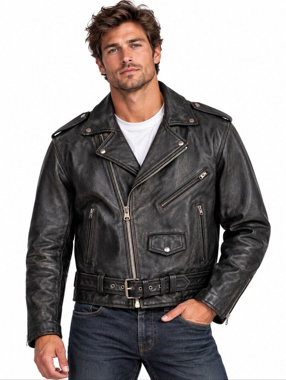 Xelement Black Genuine Leather Motorcycle Biker Moto Jacket Size 50 XL  EUC